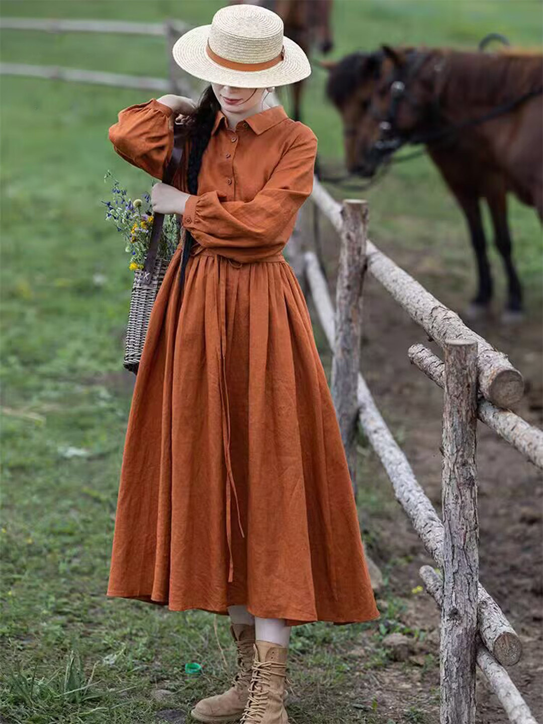 Casual Loose Linen Shirt Dress - فستان ماكسي نسائي من الكتان باللون
