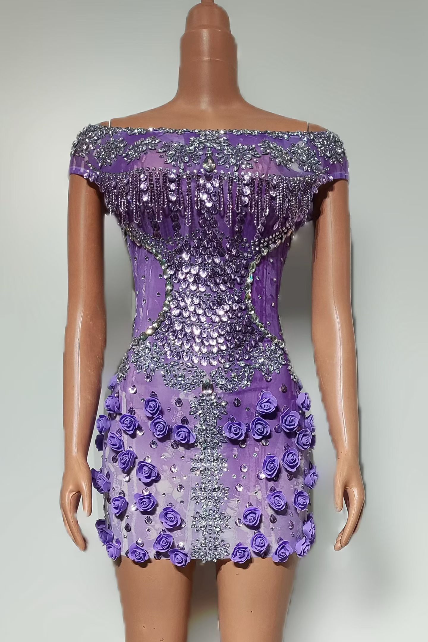 Sparkly Rhinestone Club Party Dress - فستان قصير مزين بالأحجار الكريمة البنفسجية