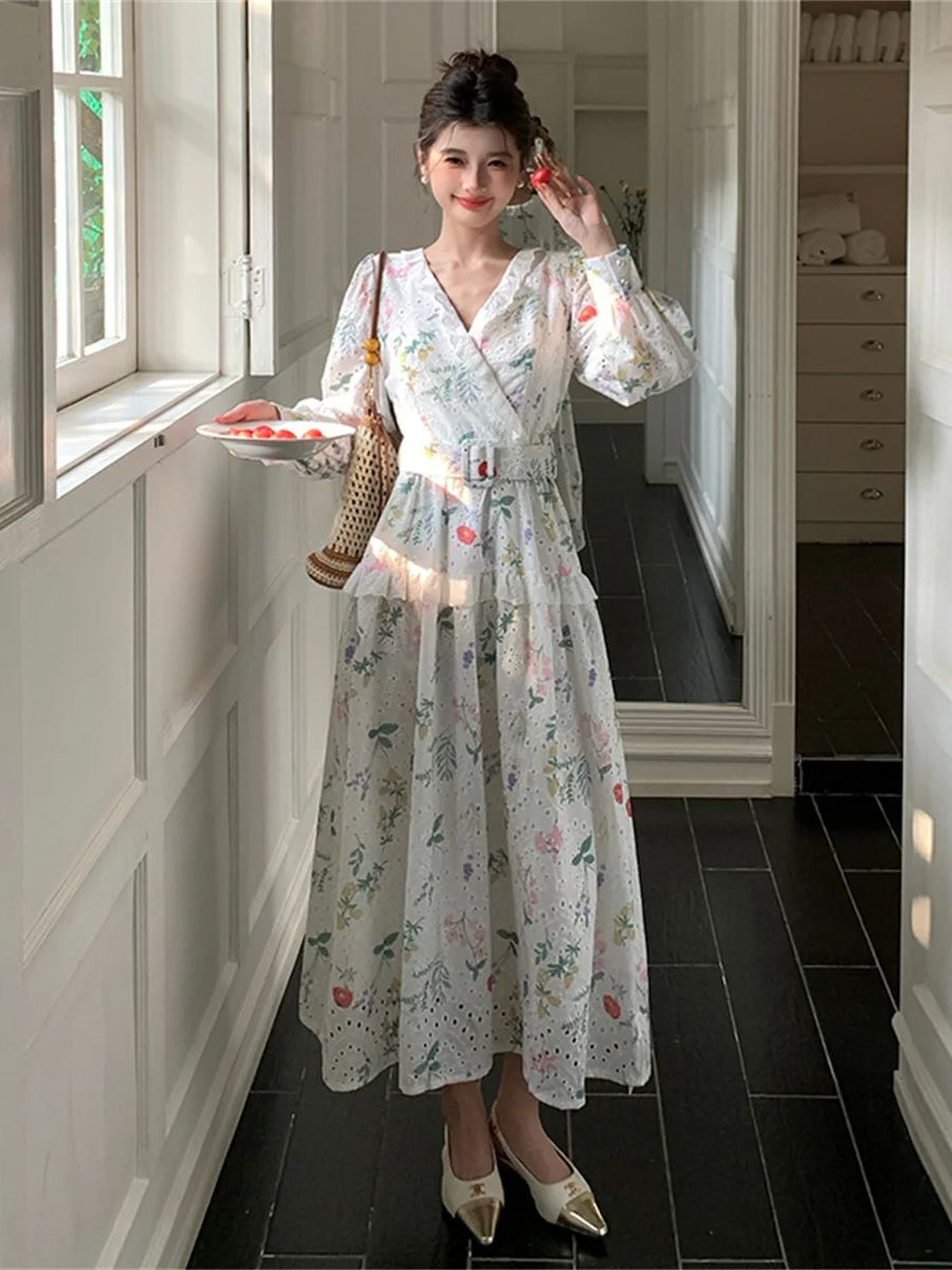 فستان ميدي بطبعة زهور وأكمام ف - مراجعة French Vintage Floral Midi Dress وسعره