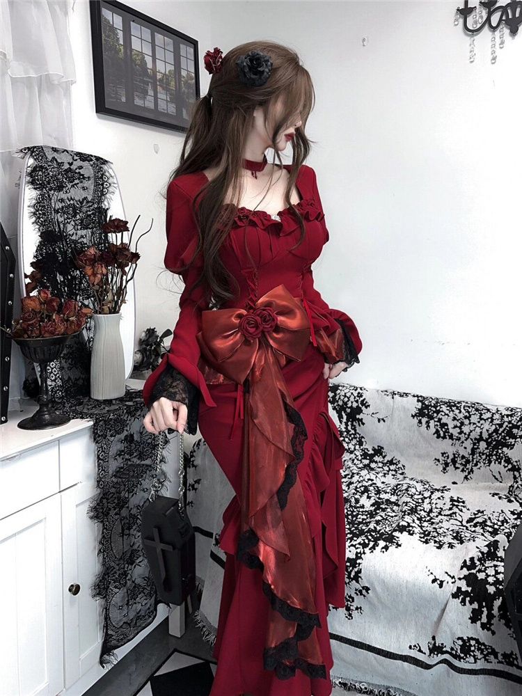فستان ربيعي أحمر عتيق للنساء م - مراجعة French Vintage Floral Midi Dress وسعره